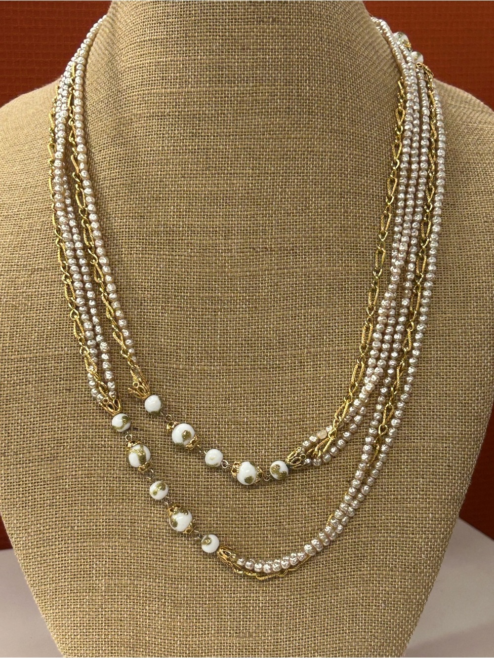 Vintage Faux Pearl Gold tone 56” necklace